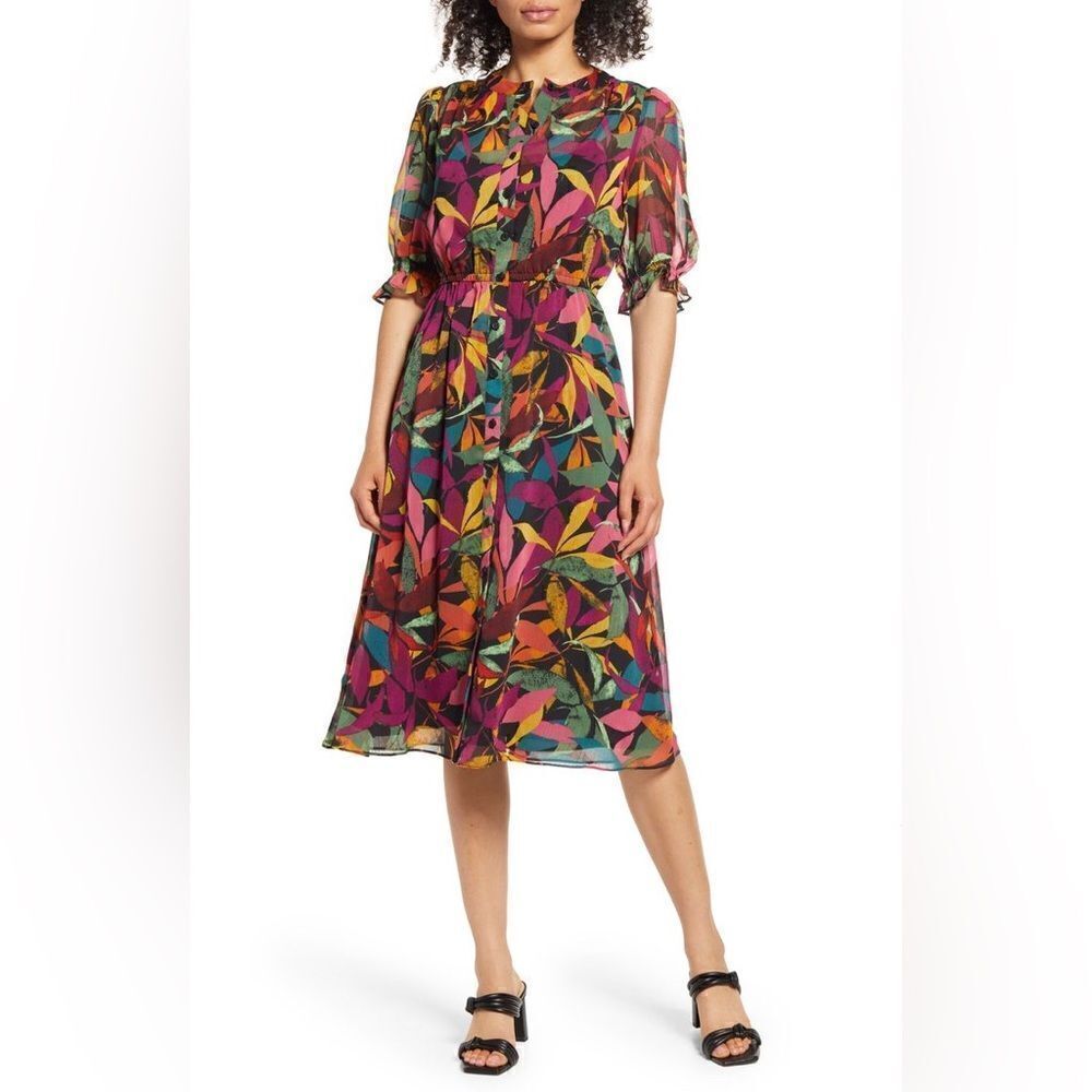 MAGGY LONDON
Print Puff Sleeve Midi Shirtdress In Black/ Grape Juice